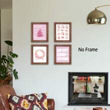 粉色圣诞墙壁艺术装饰 4 件套 - 圣诞节冬季艺术品海报冬季雪景节日墙壁装饰适用于家庭卧室酒吧推车装饰 - （带框） - 彩色 - 查看 11