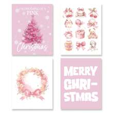 粉色圣诞墙壁艺术装饰 4 件套 - 圣诞节冬季艺术品海报冬季雪景节日墙壁装饰适用于家庭卧室酒吧推车装饰 - （带框） - 彩色 - 查看 2