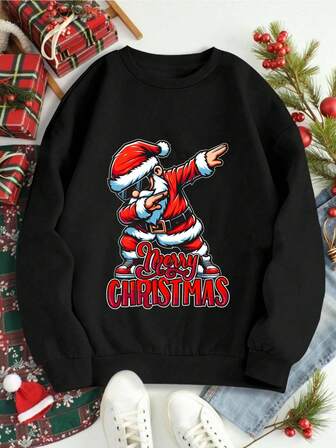 Modischer, weit geschnittener Pullover-Sweatshirt mit Weihnachtsmann-Motiv