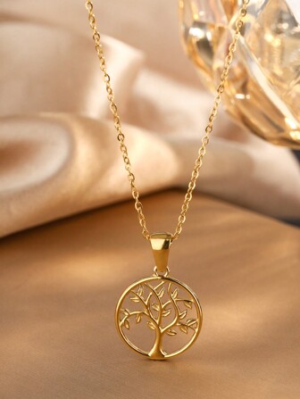 VceTd 1st Minimalistisk stil Rund ihålig Livets träd Halsband i rostfritt stål, lämplig för kvinnor vardagskläder eller som en present till semester