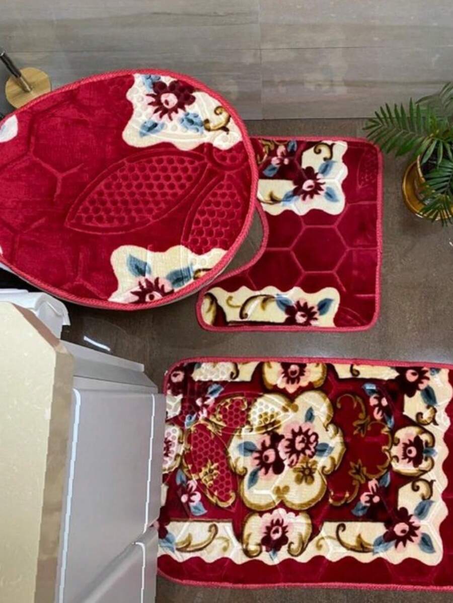Floral Print Bathroom Set, Non-Slip Home Decor Promotion - 紅色 - 查看 1