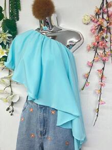 Collarless And Asymmetrical Shirts, Solid Ruffled And Lined Shirts - 淺藍色 - 查看 4