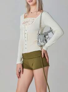 Women Solid Color Classic Tops, Long Sleeve Square Lace Neck Buttoned Ribbed Tops for Spring, Women Clothing - Blanco - Ver 6