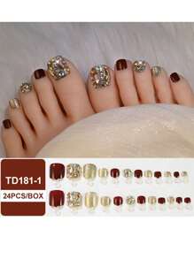 24 件假脚趾甲按压式脚趾甲，配有 1 个指甲锉和 1 块果冻胶 | 短款全覆盖方形假脚趾甲 | 12 种尺寸丙烯酸指甲片，适合女士女孩 - 钻石、闪亮、红色 - 彩色 - 查看 3