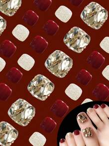 24 件假脚趾甲按压式脚趾甲，配有 1 个指甲锉和 1 块果冻胶 | 短款全覆盖方形假脚趾甲 | 12 种尺寸丙烯酸指甲片，适合女士女孩 - 钻石、闪亮、红色 - 彩色 - 查看 1