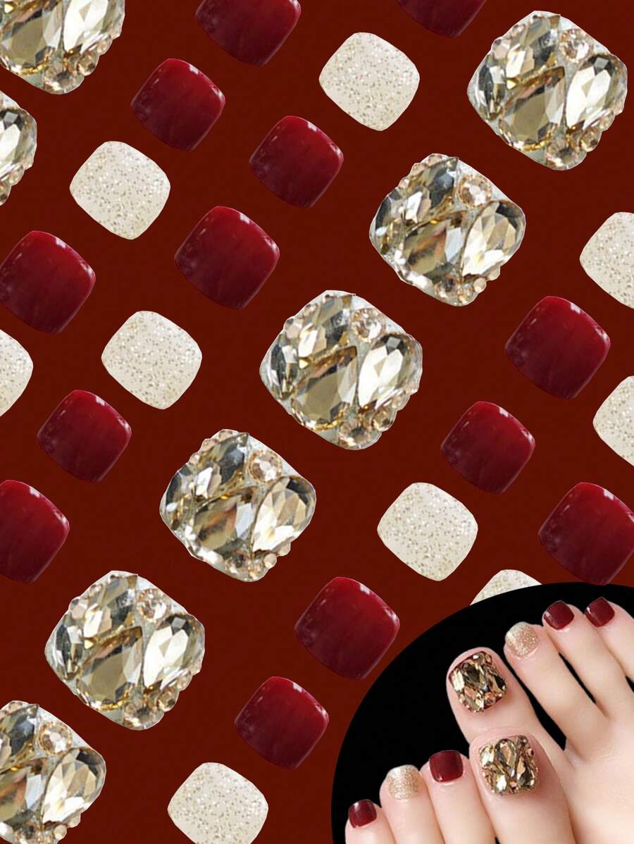 24 件假脚趾甲按压式脚趾甲，配有 1 个指甲锉和 1 块果冻胶 | 短款全覆盖方形假脚趾甲 | 12 种尺寸丙烯酸指甲片，适合女士女孩 - 钻石、闪亮、红色 - 彩色 - 查看 1