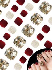 24 件假脚趾甲按压式脚趾甲，配有 1 个指甲锉和 1 块果冻胶 | 短款全覆盖方形假脚趾甲 | 12 种尺寸丙烯酸指甲片，适合女士女孩 - 钻石、闪亮、红色 - 彩色 - 查看 8