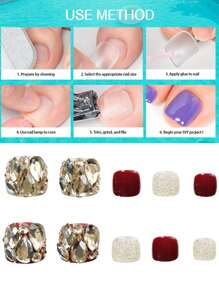 24 件假脚趾甲按压式脚趾甲，配有 1 个指甲锉和 1 块果冻胶 | 短款全覆盖方形假脚趾甲 | 12 种尺寸丙烯酸指甲片，适合女士女孩 - 钻石、闪亮、红色 - 彩色 - 查看 4