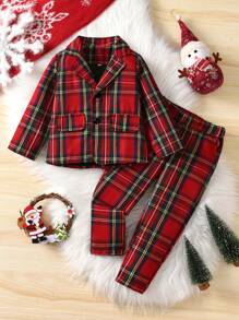Bộ 2 món Giáng sinh cho bé trai: Áo khoác kẻ caro + Quần, Trang phục dự tiệc trang trọng ngày lễ, Thu/Đông - Nhiều màu - Xem 1