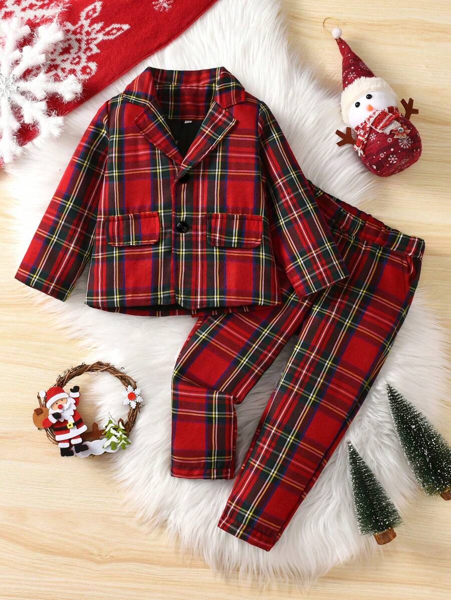 Bộ 2 món Giáng sinh cho bé trai: Áo khoác kẻ caro + Quần, Trang phục dự tiệc trang trọng ngày lễ, Thu/Đông - Nhiều màu - Xem 1