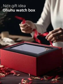 1个12格PU皮革可锁手表收纳盒，男女通用珠宝展示抽屉盒，带玻璃盖的手表收纳展示柜（黑色）大容量皮革手表盒，珠宝收纳展示盒 - 情人节礼物 - 黑色 - 查看 10