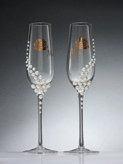 كأسي شمبانيا من الزجاج البلوري، مصنوعة يدويًا مع زخرفة وردة اللؤلؤ، مناسبة لحفلات الزفاف والخطوبة والذكرى السنوية وعيد الحب وعيد الشكر وعيد الأم وأعياد الميلاد