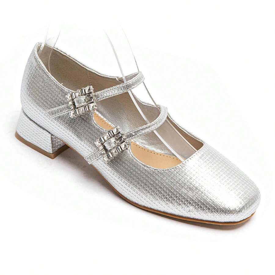 Double Strap Pumps With Rhinestone Buckles – Modern Elegance In Gold, Silver Or Black Patent - Silver - View 1
