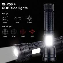 1 件装伸缩变焦高亮手电筒铝合金手电筒带侧灯电量显示可充电灯适用于户外露营家用应急照明手电筒 - 黑色 - 查看 2