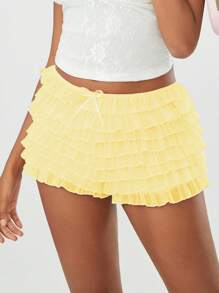 Women's Summer Ruffled Frilly Shorts, Multi-Layer Mesh Short Pants Sweet Cute Bloomers - Yellow - View 6