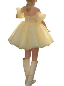 Women Summer Puffy Dress, Solid Color Square Neck Bubble Sleeve One-Piece Short Dress For Ladies, Pink/Purple/Yellow - Màu vàng - Xem 8