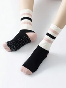 1 双女式彩色条纹中筒瑜伽普拉提袜带防滑运动袜室内舞蹈健身地板袜缓冲中筒袜适合芭蕾舞蹈 - 彩色 - 查看 4