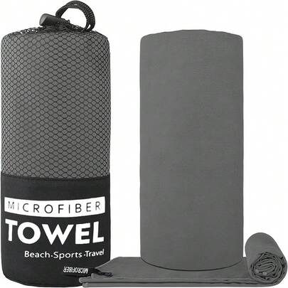 1 件深灰色速干毛巾采用超柔软超细纤维制成，超薄轻便，吸水性强，适用于户外运动、露营、健身房、瑜伽、徒步旅行海滩必需品、沙滩巾