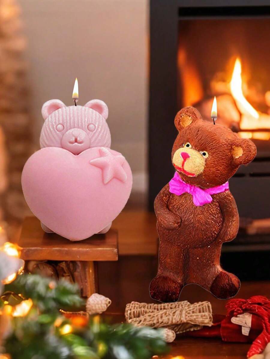 1 Khuôn nến hình gấu cho ngày lễ tình nhân, Khuôn silicon trang trí hình động vật dễ thương, Dụng cụ làm nến DIY, Khuôn tượng thạch cao - trắng - Xem 1