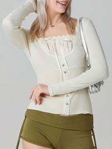 Women Solid Color Classic Tops, Long Sleeve Square Lace Neck Buttoned Ribbed Tops for Spring, Women Clothing - Blanco - Ver 4