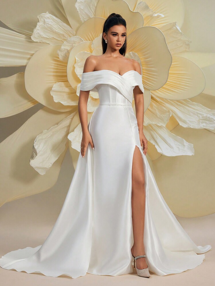 HEARBOBO 露肩开衩长裙，白色婚纱 - 白色 - 查看 9
