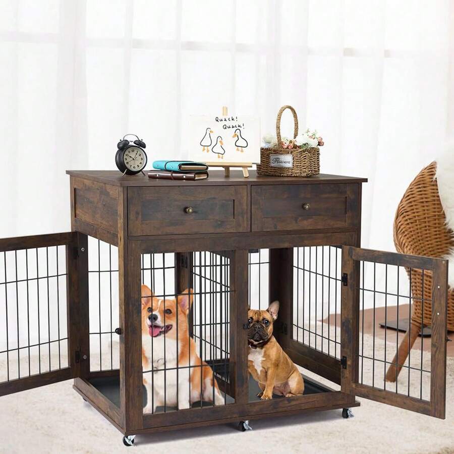 39 Inch Dog Crate Furniture, Dog Kennel Furniture For 2 Dogs, 3 Double