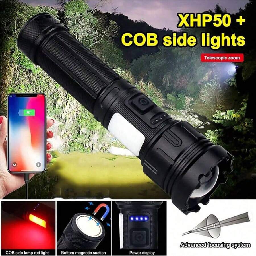 1 件装伸缩变焦高亮手电筒铝合金手电筒带侧灯电量显示可充电灯适用于户外露营家用应急照明手电筒 - 黑色 - 查看 1