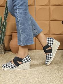 Giày cao gót đế xuồng kẻ sọc cho nữ, giày sandal đế xuồng buộc dây mũi tròn - Đen và trắng - Xem 2