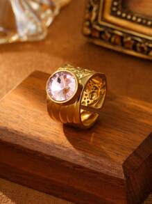 1/7 chiếc nhẫn trang trí bằng thép không gỉ màu vàng thời trang phong cách retro tròn trong suốt lớn có thể điều chỉnh được dành cho nữ phù hợp để đeo hàng ngày hoặc làm quà tặng - Vàng - Xem 18