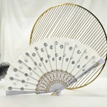 D EXCEED 1 件女士折扇，手工制作优雅彩色刺绣花朵孔雀图案亮片面料折扇（多色）