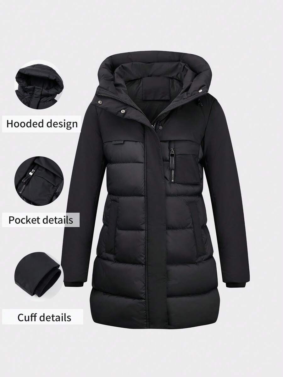 Risissida Up With Our Women's Minimalist Hooded Padded Coat - Perfect Puffer Jacket For Autumn/Winter With Convenient Pockets! - Black - View 1