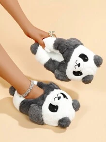 Papuci de casă pentru femei cu desene animate drăguțe cu panda, pantofi de interior antiderapanți, papuci de maternitate cu talpă de cauciuc caldă, papuci de cuplu pentru iarnă, pantofi cu blană, papuci amuzanți