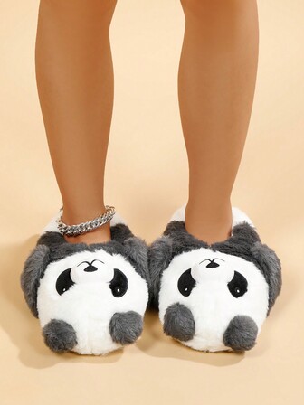 女士可爱卡通熊猫家居拖鞋，室内防滑地板鞋，保暖橡胶底孕妇拖鞋，情侣冬季拖鞋，毛绒鞋，趣味拖鞋