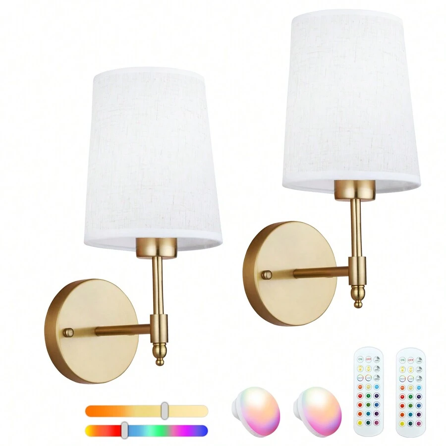 Daoteper Battery Operated Wall Sconce Set Of 2 With Remote Control,White Fabric Shade Wall Lights With Dimmable 15 RGB Rechargeable LED Light Bulb For Bedroom Living Room Hallway