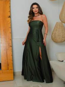 Bridesmaid Dress For Graduation Guests Strapless Satin With Slit For Day Or Night Wedding - 橄欖綠 - 查看 1