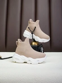 Children High-Top Breathable Lightweight Soft Sole Non-Slip Wear-Resistant Fashionable Casual Athletic Shoes, Sports Running Sneakers For Boys And Girls, Milky White - Beige - View 2