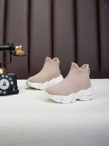 Children High-Top Breathable Lightweight Soft Sole Non-Slip Wear-Resistant Fashionable Casual Athletic Shoes, Sports Running Sneakers For Boys And Girls, Milky White - Beige - View 4