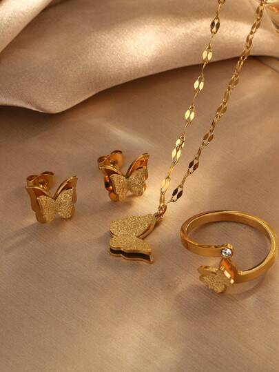 4 件/套优雅 3D 蝴蝶形不锈钢吊坠项链、耳环和戒指首饰套装，适合女性在宴会或时尚搭配时佩戴，也可作为礼物