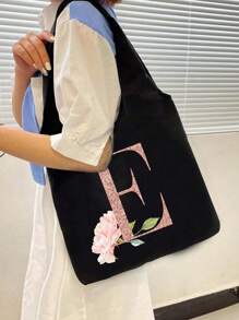 Bộ sản phẩm gồm 1 túi tote màu đen in họa tiết hoa và 1 túi nhỏ màu đen, túi tote in chữ cái A-Z màu hồng in họa tiết hoa + túi đựng mỹ phẩm, túi quà cưới/túi tote cá nhân hóa - màu đen - Xem 6
