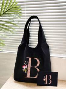 Bộ sản phẩm gồm 1 túi tote màu đen in họa tiết hoa và 1 túi nhỏ màu đen, túi tote in chữ cái A-Z màu hồng in họa tiết hoa + túi đựng mỹ phẩm, túi quà cưới/túi tote cá nhân hóa - màu đen - Xem 7