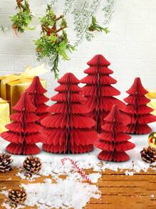 2pcs/Set, Desktop Christmas Tree Shape Ornament, Christmas Decoration, Christmas Tree Honeycomb Paper Decoration, Christmas Party Decoration, Christmas Desktop Decoration, New Year Party, Christmas Holiday Atmosphere Decoration,Christmas - Red - View 6
