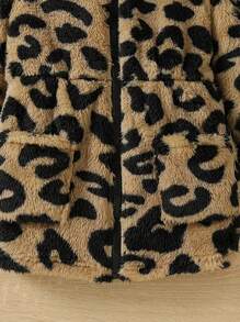 Young Girl Leopard Print Warm Winter Jacket With Cute Bear Ear Hood, Zipper Closure And Pockets, Thick And Insulated - Coffee Brown - View 5