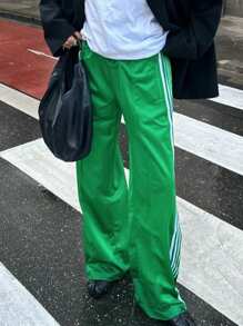 Women Striped Track Pants Loose Elastic Waist Drawstring Straight Leg Sweatpants Joggers Wide Leg Side Stripes Pants With Pockets Streetwear - Green - View 2
