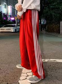 Women's Side Striped Pants Loose Elastic Waist Drawstring Straight Leg Casual Sweatpants With Pockets Y2k Track Pants Baggy Striped Joggers