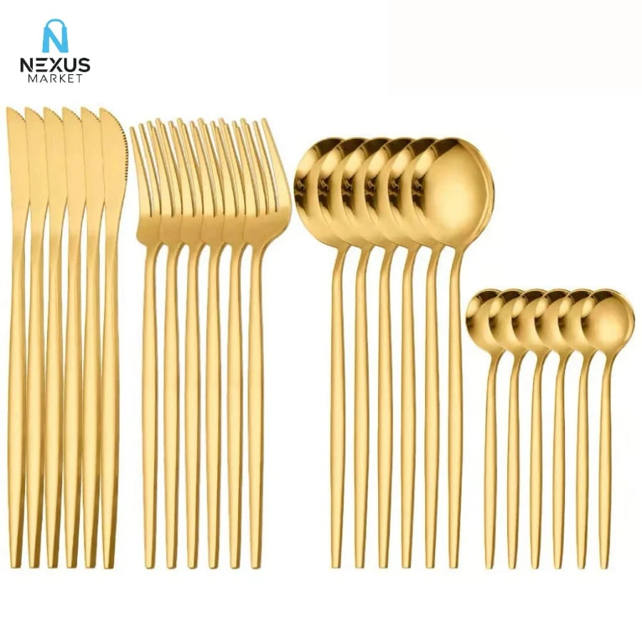 24 Pieces Gold Stainless Steel Cutlery Fork Spoon Knife Table Spoon - NEXUS MARKET - Vàng - Xem 1