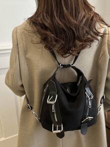 韩版休闲大容量麂皮女式流浪包，2024春夏新款优雅时尚单肩包、旅行包、背包，适合上学/多用途 - 黑色 - 查看 4