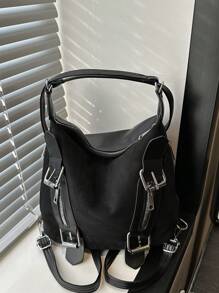 韩版休闲大容量麂皮女式流浪包，2024春夏新款优雅时尚单肩包、旅行包、背包，适合上学/多用途 - 黑色 - 查看 8