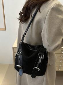 韩版休闲大容量麂皮女式流浪包，2024春夏新款优雅时尚单肩包、旅行包、背包，适合上学/多用途 - 黑色 - 查看 2