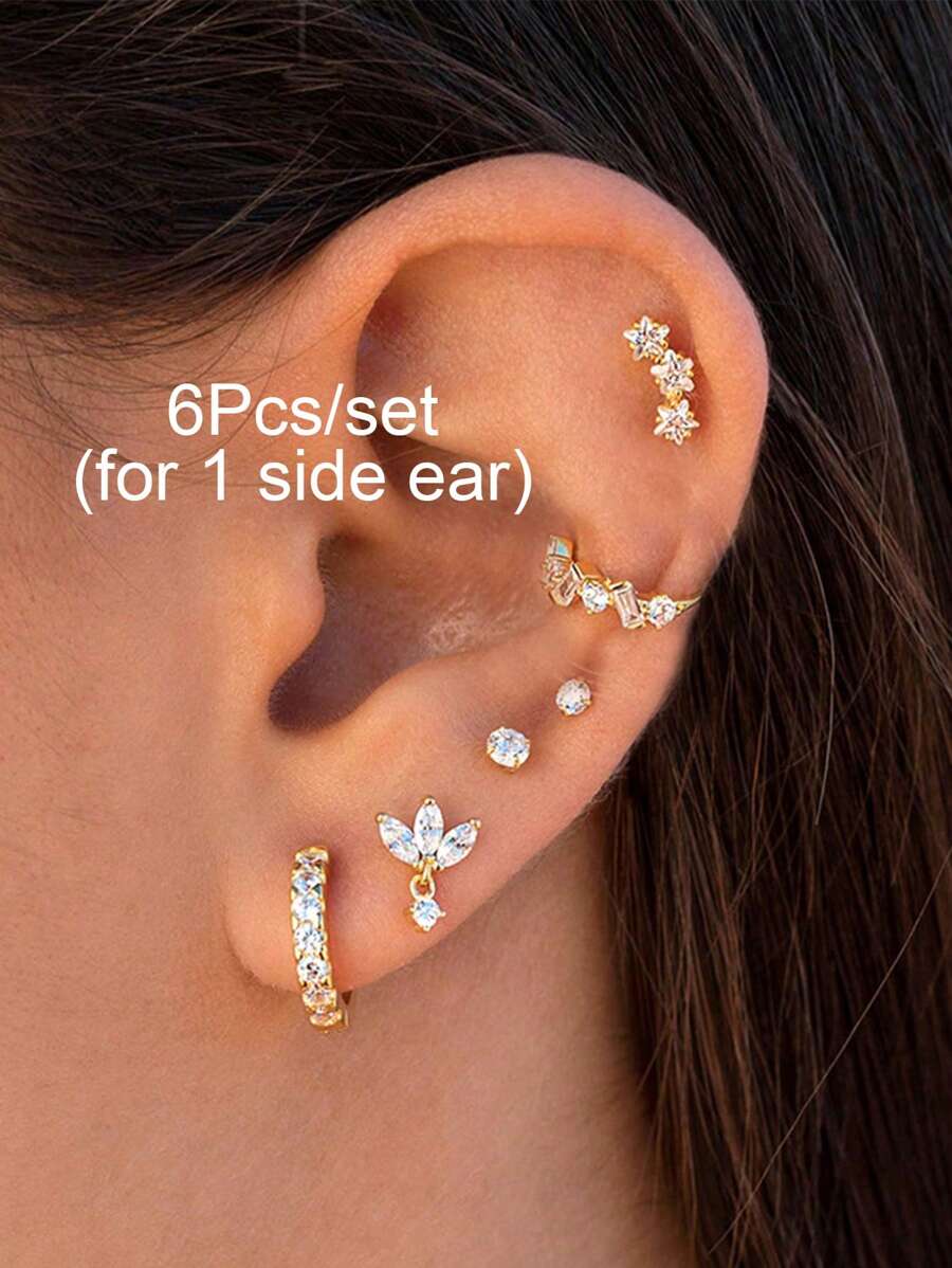 6Pcs/Set Earrings Set For Women Zirconia Ear Cuff Hoop Earring Small Stud Earrings, Cartilage Earrings, Women Party Jewelry Accessories