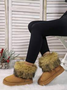 新款时尚休闲保暖防水防滑冬季撞色毛茸茸面板女式雪地靴，百搭黑色鞋 - 棕色 - 查看 4
